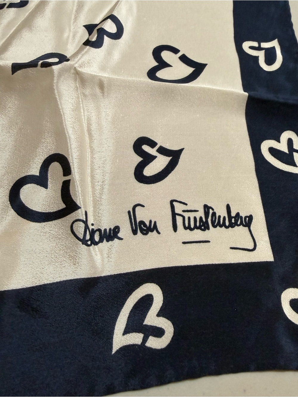 Vintage Diane Von Furstenberg Square Silk Scarf Navy and White Heart Print